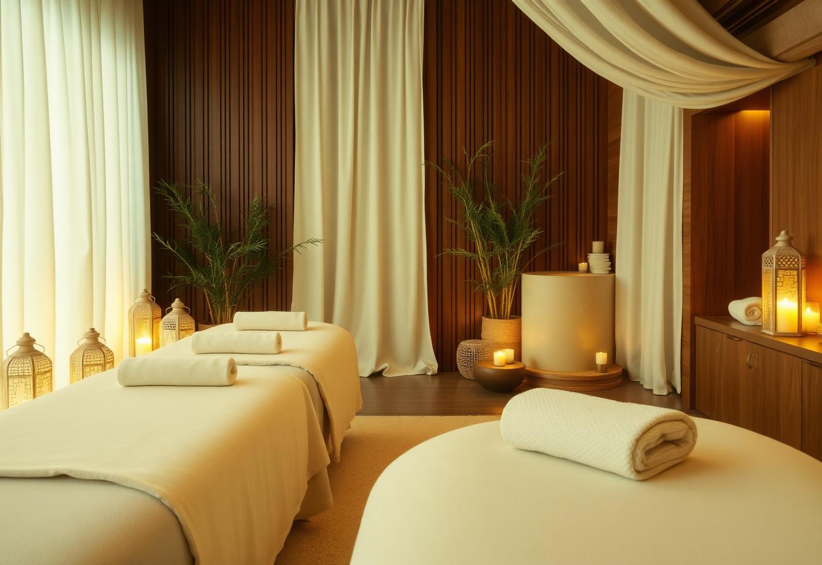Warm, candlelit spa interior with linen drapes and bamboo